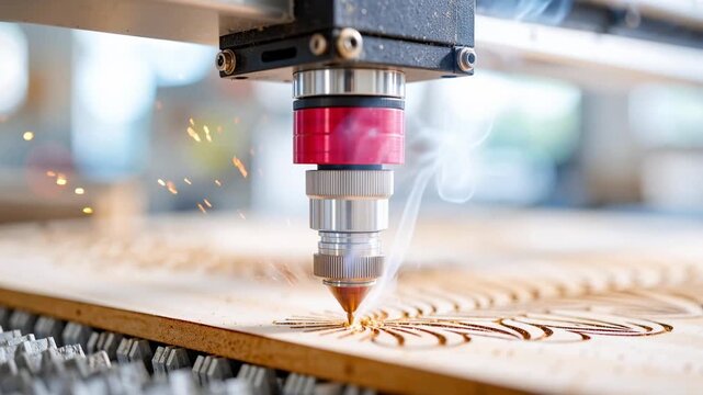 close-up of industrial laser engraving machine etching pattern on wood surface