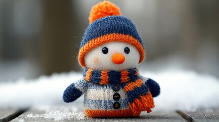 A small, knitted snowman wearing a blue and orange hat and scarf stands on a wooden surface covered with snow. The background is blurred with winter scenery.