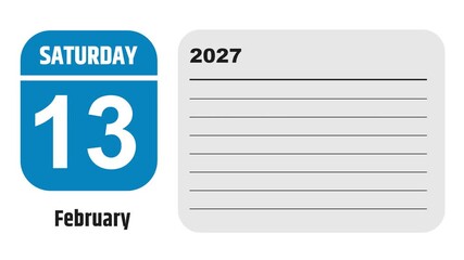 February 13, 2027: Animated 2025 planner showcasing February calendar, highlighting February 13th with space for tasks, notes, and to-do lists.