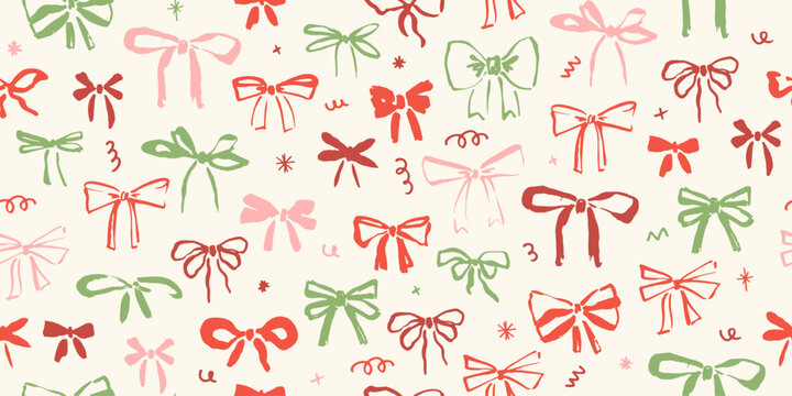 Seamless pattern with hand drawn bows. Cute hand painted bow. Endless repeat wallpaper, background.