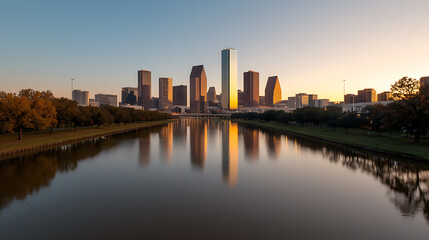 Obraz premium Urban skyline mirrored in tranquil waters, city buildings reflecting the soft hues of sunrise. Serene cityscape at dawn. Towering reflections ripple gently.