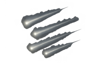 Falling meteor shower with glowing tails showing speed and impact, transparent background, abstract illustration