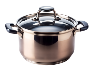 Shiny copper cooking pot with lid and handles, isolated on transparent background