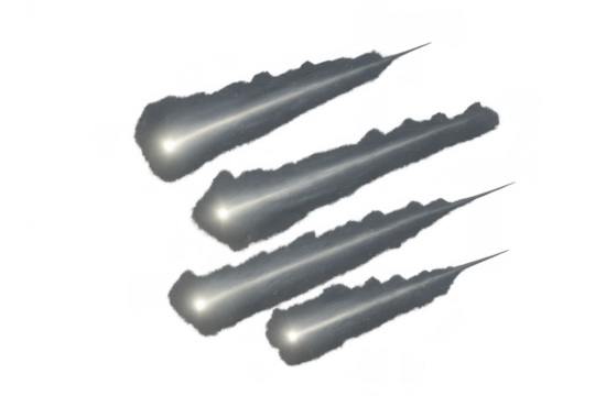 Falling meteor shower with glowing tails showing speed and impact, transparent background, abstract illustration