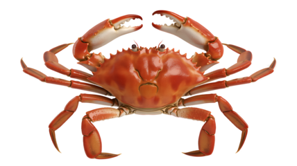 Cooked red crab with claws raised, isolated on background