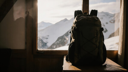 Mountain backpack resting by a window with stunning views