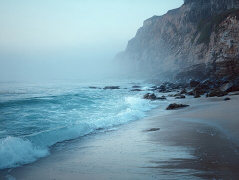 Foggy Coastal Shoreline featuring powerful ocean waves crashing onto a sandy beach at the base of dramatic, misty cliffs during a peaceful morning.