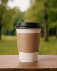 Coffee cup resting on a wooden table in a green park
