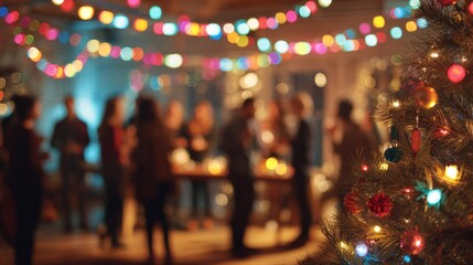A festive gathering with a decorated Christmas tree and colorful lights. People socialize in a warm, cheerful atmosphere during the holiday season.