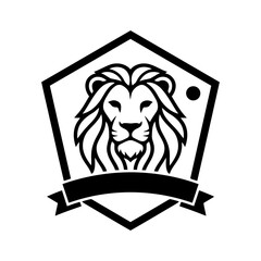 Vector art of lion head in a shield with banner, logo design