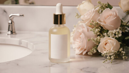Serene skincare setup with flowers on a marble countertop