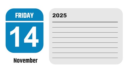 November 14, 2025: Animated 2028 planner showcasing November calendar, highlighting November 14th with space for tasks, notes, and to-do lists.