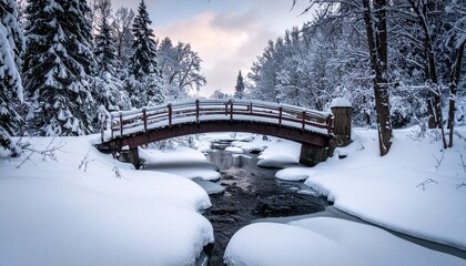 Snow-Covered Wooden Footbridge Over Stream in Winter Forest – Serene Seasonal Landscape