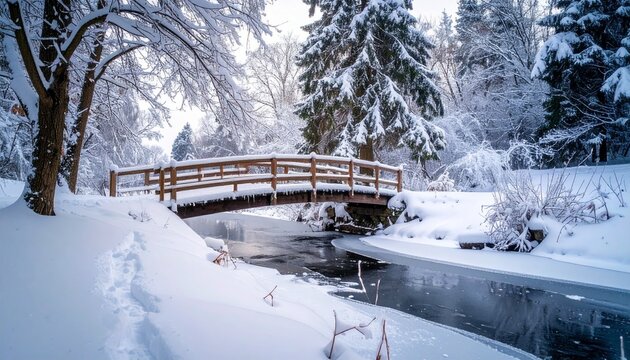 Snow-Covered Wooden Footbridge Over Stream in Winter Forest – Serene Seasonal Landscape - Powered by Adobe