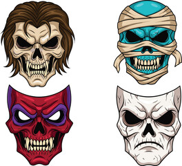 Cartoon skull illustration set, horror fantasy artwork, scary skeleton faces, vector drawing, demonic skull design, mummy skull, spooky character art