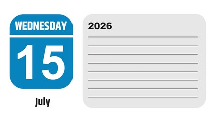 July 15, 2026: Animated 2029 planner showcasing July calendar, highlighting July 15th with space for tasks, notes, and to-do lists.