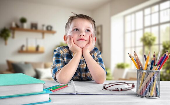 Happy schoolboy student doing homework