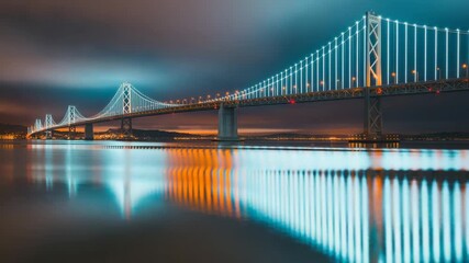 Stunning illuminated suspension bridge at twilight with vibrant reflections dancing on calm water, conveying urban elegance and connection. - Powered by Adobe