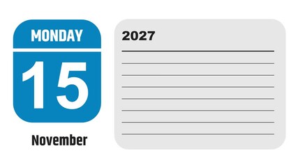November 15, 2027: Animated 2030 planner showcasing November calendar, highlighting November 15th with space for tasks, notes, and to-do lists.