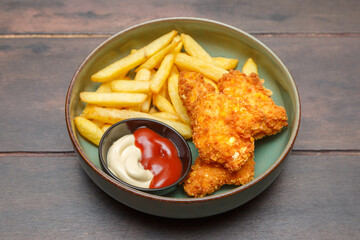 Menu enfant – tenders avec frites et sauce mayo ketchup sur une table en bois
