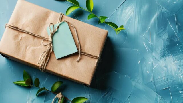 Wrapped Gift with Bow and Tag on Blue Crystalline Surface