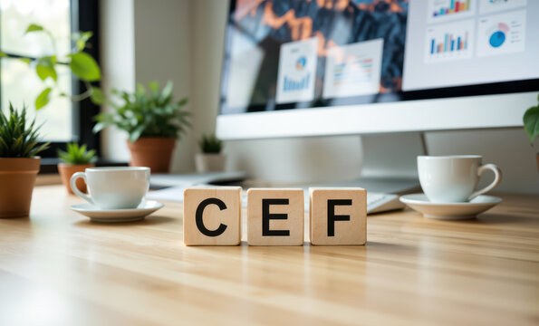 Closed-end fund CEF (Closed End Fund) explainer for investor brochures or brokerage newsletters about yield, discount to NAV and distribution policy used in advisor seminars and slide decks