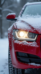 Close up of car headlight partially covered with snow and ice, soft reflection of winter light, cinematic cold atmosphere, realistic detail shot