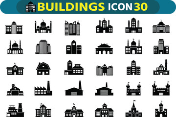 Collection of 30 diverse building icons representing various architectural styles and structures