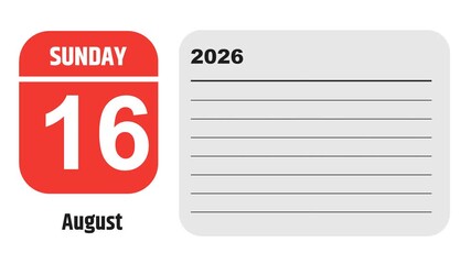 August 16, 2026: Animated 2029 planner showcasing August calendar, highlighting August 16th with space for tasks, notes, and to-do lists.
