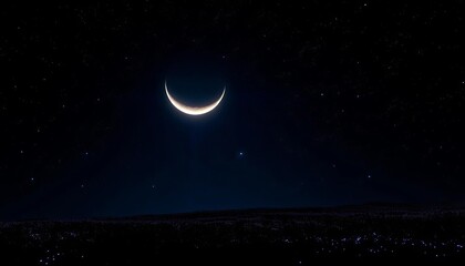 Crescent moon glowing softly above a field of stars, illustration, mystery