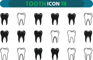 Collection of black and white tooth icons representing dental health and anatomy in a grid layout