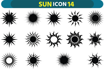 Collection of diverse black silhouette sun icons with radiating rays and starburst designs