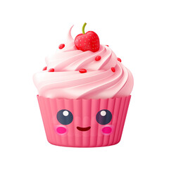 Cute cartoon cupcake with a smiling face, strawberry, and icing