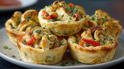Gourmet Savory Monkey Bread or Pull-Apart Muffins Stuffed with Chicken, Roasted Red Peppers, and Herbs, Baked in Golden Crusts and Piled High for an Appetizing Snack or Party Food