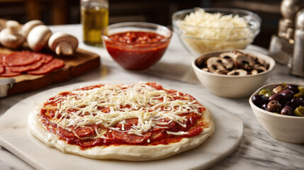 Classic Homemade Pizza Preparation Scene with Raw Dough Topped with Sauce, Pepperoni, and Shredded Mozzarella Cheese, Surrounded by Fresh Ingredients on a Marble Surface, Ready for Baking