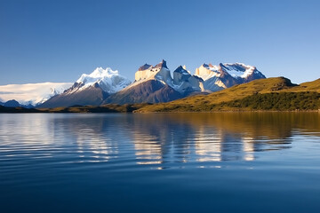Scenic panorama of snow-capped mountains reflecting in a serene lake under a clear blue sky. The tranquil waters mirror the majestic peaks and lush landscape, creating a breathtaking view.