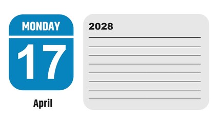 April 17, 2028: Animated 2026 planner showcasing April calendar, highlighting April 17th with space for tasks, notes, and to-do lists.