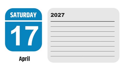 April 17, 2027: Animated 2025 planner showcasing April calendar, highlighting April 17th with space for tasks, notes, and to-do lists.