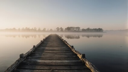 Fototapeta premium Wooden pier extends into tranquil lake, misty atmosphere, serene landscape.