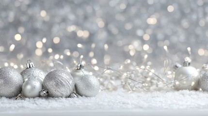 Silver Christmas ornaments and sparkling lights on a snowy surface create a festive atmosphere. The scene is bright and cheerful, perfect for holiday celebrations.