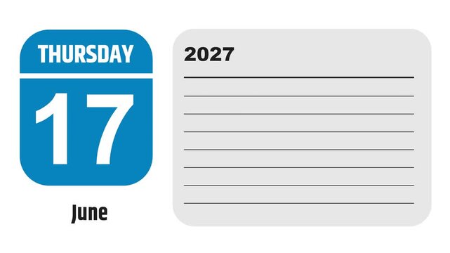 June 17, 2027: Animated 2025 planner showcasing June calendar, highlighting June 17th with space for tasks, notes, and to-do lists.