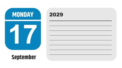 September 17, 2029: Animated 2026 planner showcasing September calendar, highlighting September 17th with space for tasks, notes, and to-do lists.