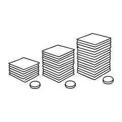 Minimalistic black-and-white linear illustration depicting growing stacks of paper with coins symbolizing rising costs and budgeting