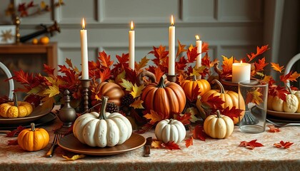 Elegant autumnal table setting with gourds, foliage, and candles,   napkins,   decor
