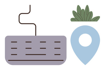 Wired keyboard, map pin, and green plant emphasizing remote work, location independence, and eco-awareness. Ideal for technology, work-life balance, digital nomads, creativity sustainability