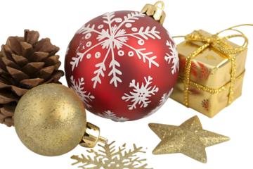 Festive christmas ornaments including a red bauble with snowflakes, a golden bauble, a pine cone, a golden gift box, and a star isolated on transparent background
