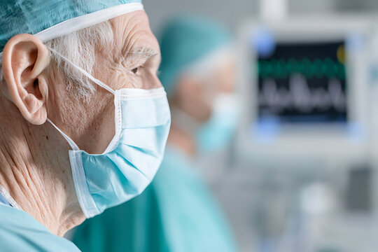 Focused surgeon in surgical attire, mask, and cap, ready to operate in a hospital setting. Monitoring equipment in background shows vital signs. A picture of healthcare professionalism.