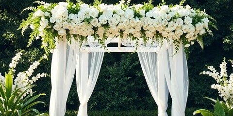 Elegant white floral wedding arbor with lush greenery,  celebration,  event