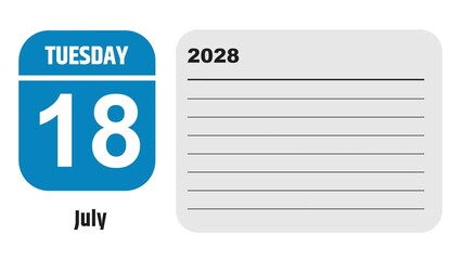 July 18, 2028: Animated 2025 planner showcasing July calendar, highlighting July 18th with space for tasks, notes, and to-do lists.