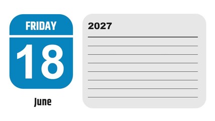 June 18, 2027: Animated 2025 planner showcasing June calendar, highlighting June 18th with space for tasks, notes, and to-do lists.
